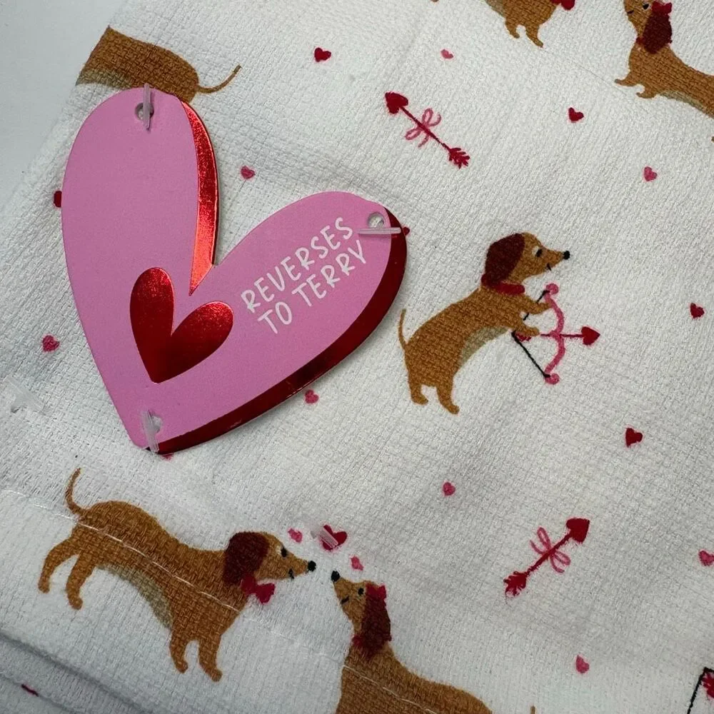 White Pink Red Dachshund Heart Kitchen Towels 2 Pack 100 Cotton Reversible Terry